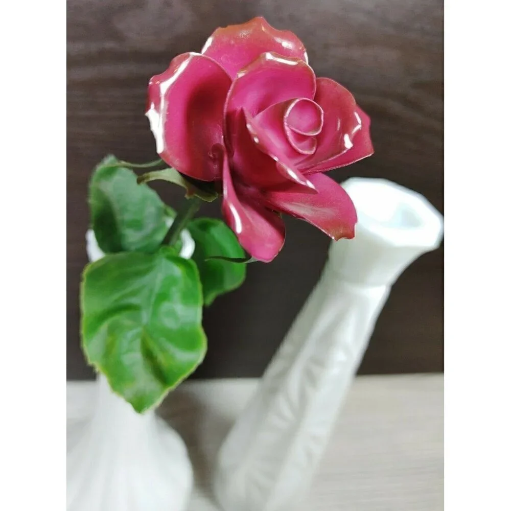Tuscany Milk Glass White Ceramic Decorative Bud Vase With Metal Rose Set Of 2